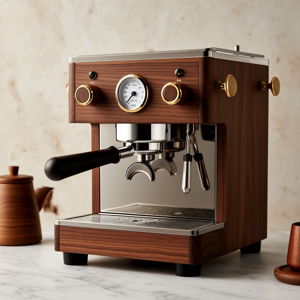 Premium espresso machine collection with walnut and brass accents